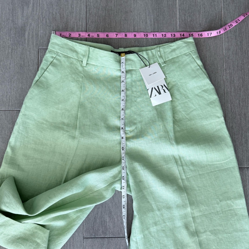 NWT Zara Linen Long Bermuda High Rise Pleated Shorts Green L Lagenlook 90s Boho - Picture 15 of 16